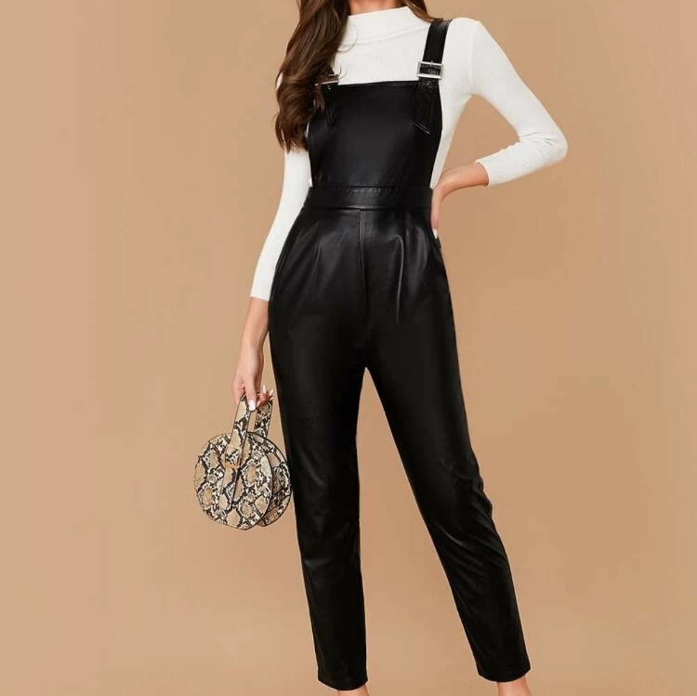 Adjustable Strap PU Leather Pinafore Jumpsui